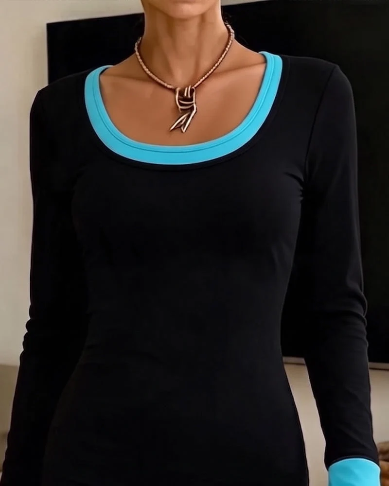 Robe Contraste De Couleur Manches Longues Col U