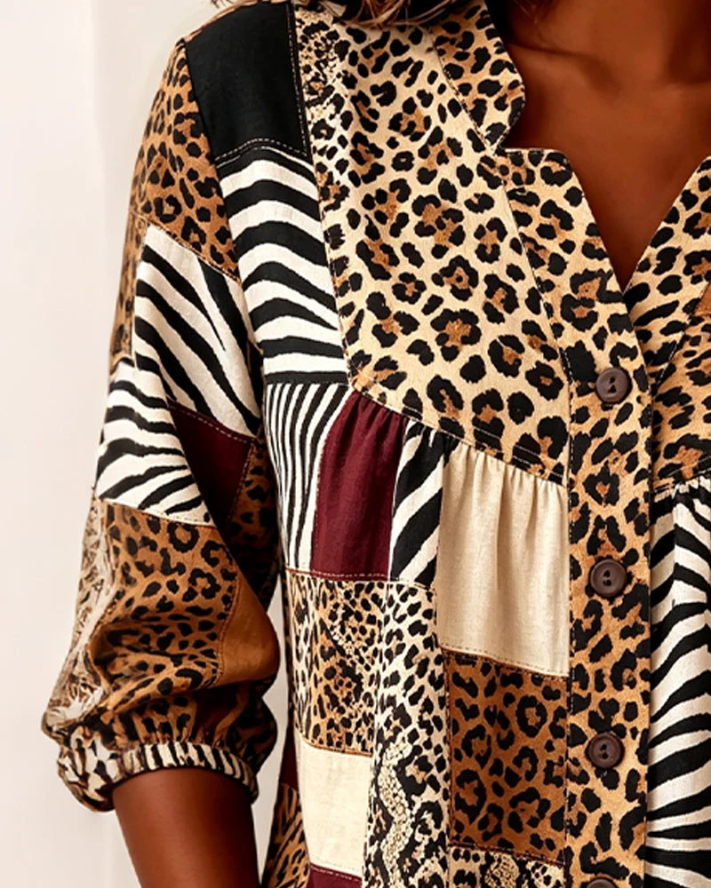 Blouse Léopard Bloc De Couleur Col V