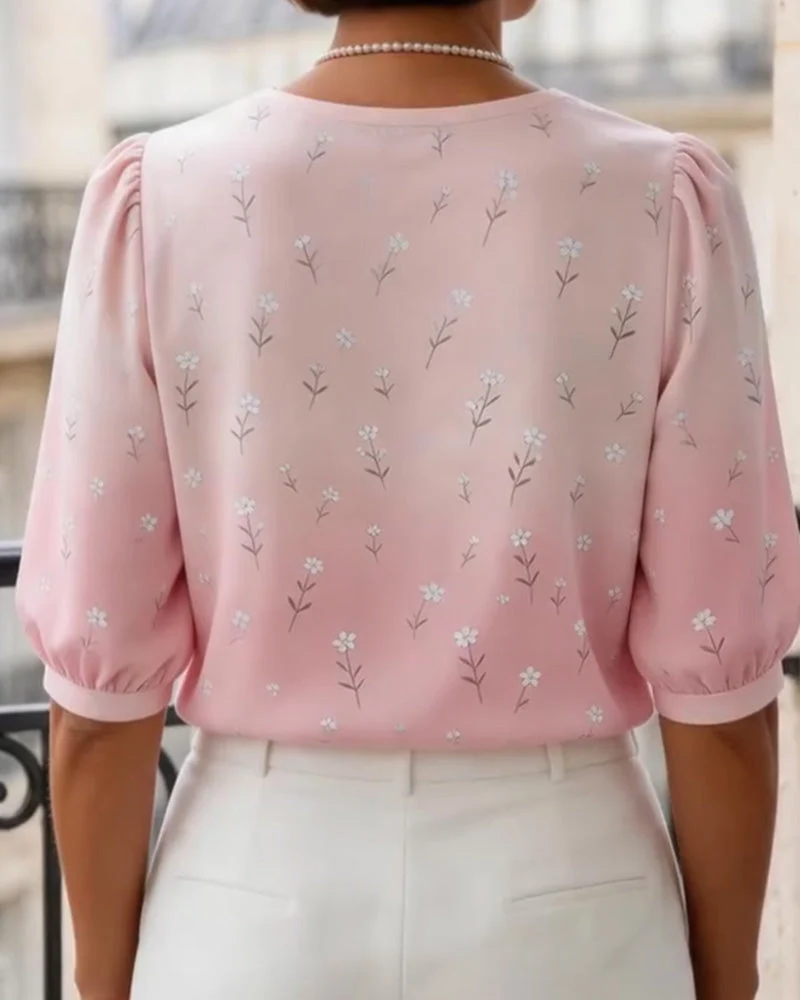 Blouse Florale Col Peter Pan Manche Bouffante