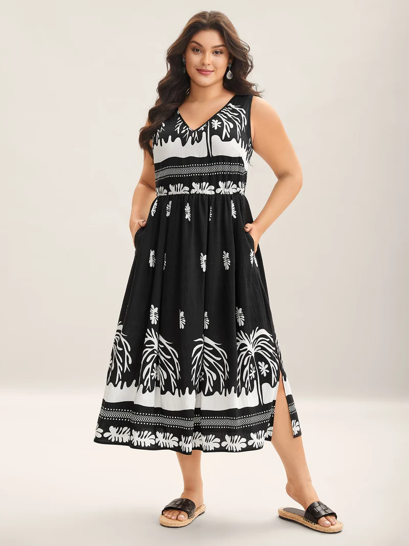 Tropical Breeze Print Pockets Midi Dress