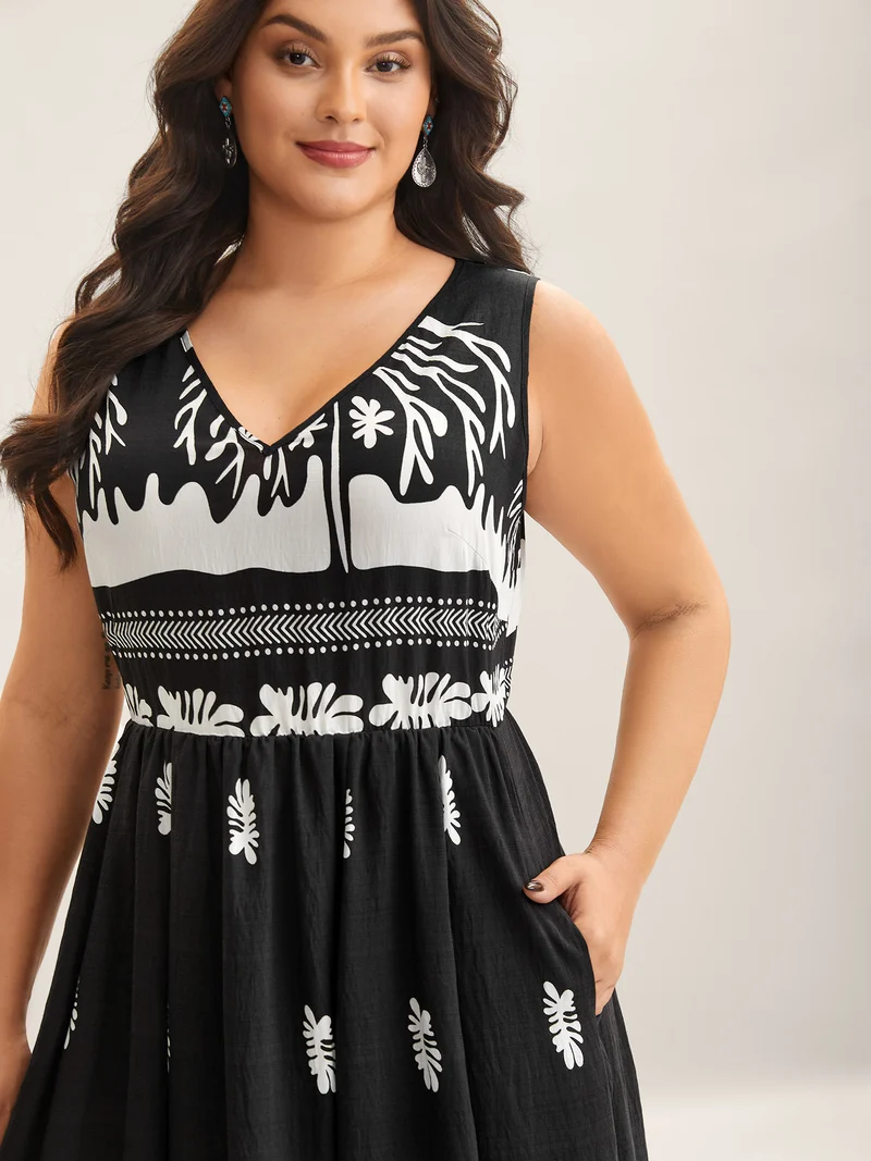 Tropical Breeze Print Pockets Midi Dress
