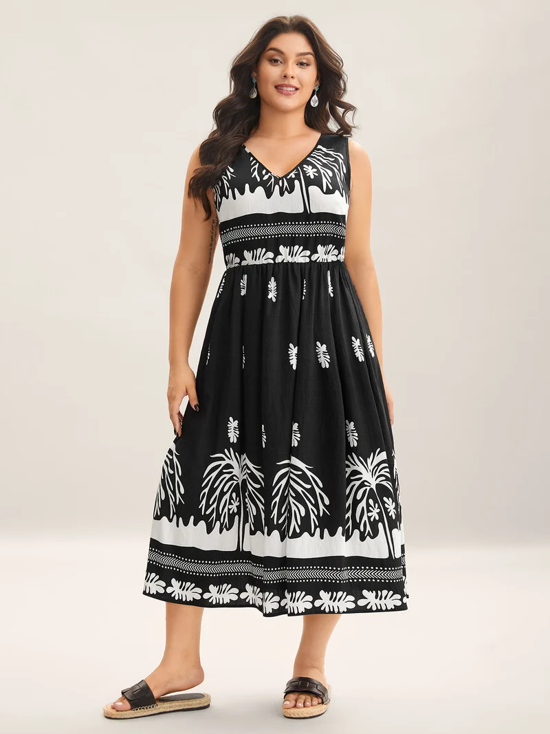 Tropical Breeze Print Pockets Midi Dress