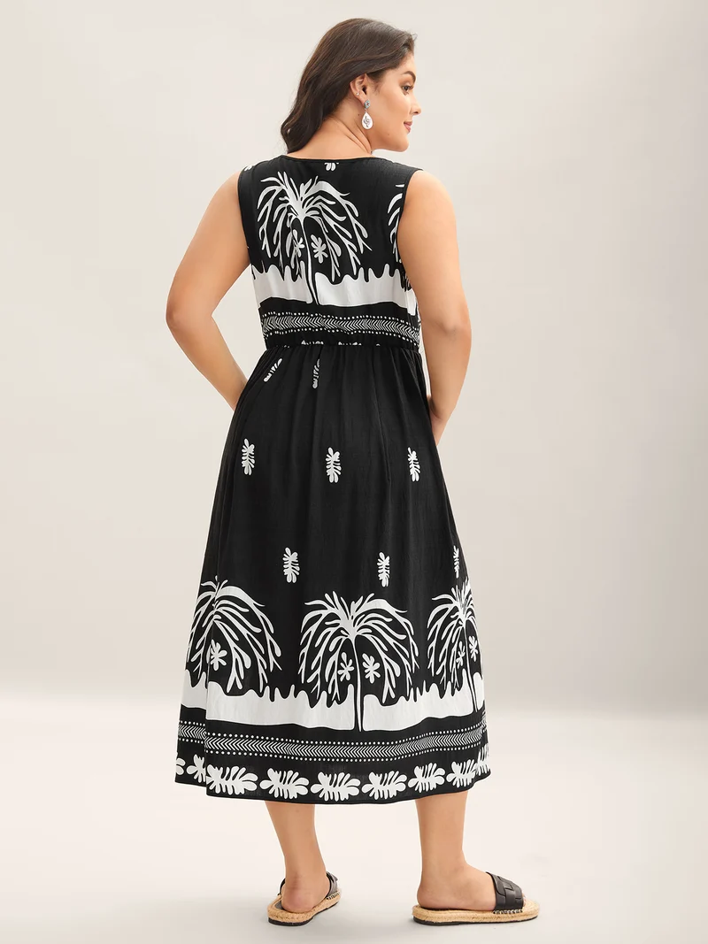 Tropical Breeze Print Pockets Midi Dress