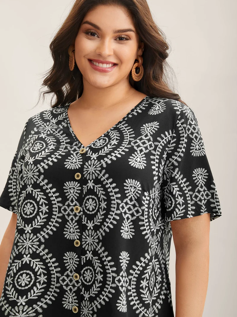 Boho Print Button Placket Blouse