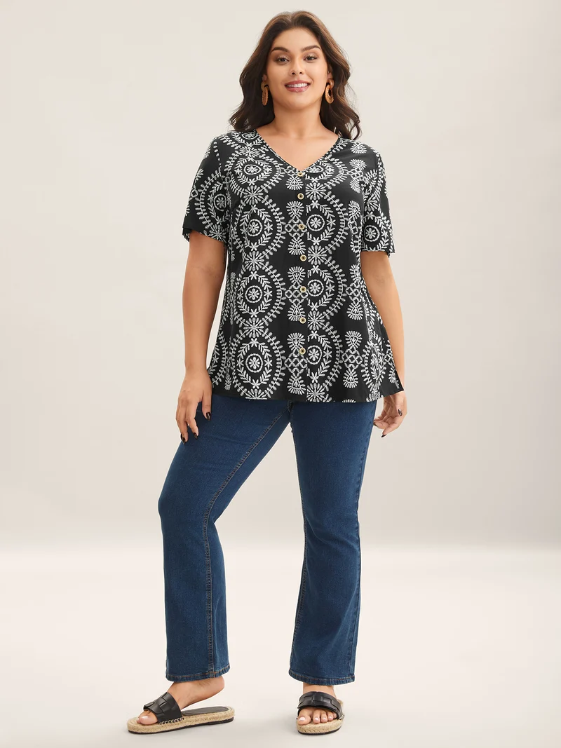 Boho Print Button Placket Blouse