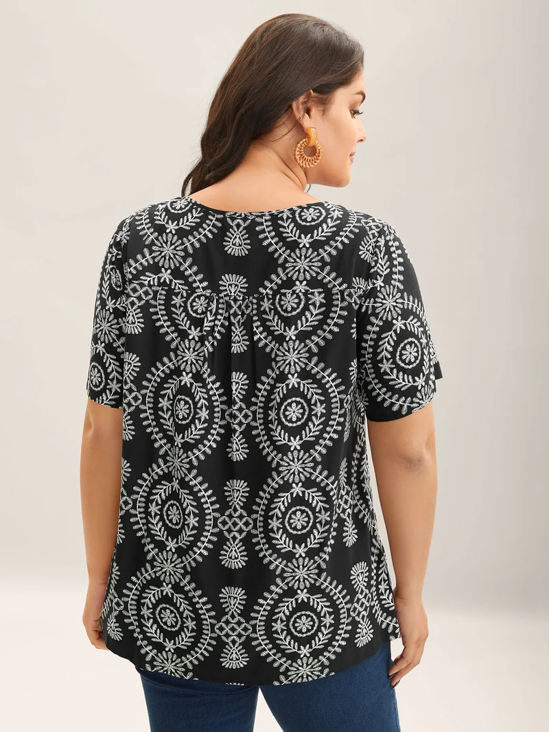 Boho Print Button Placket Blouse