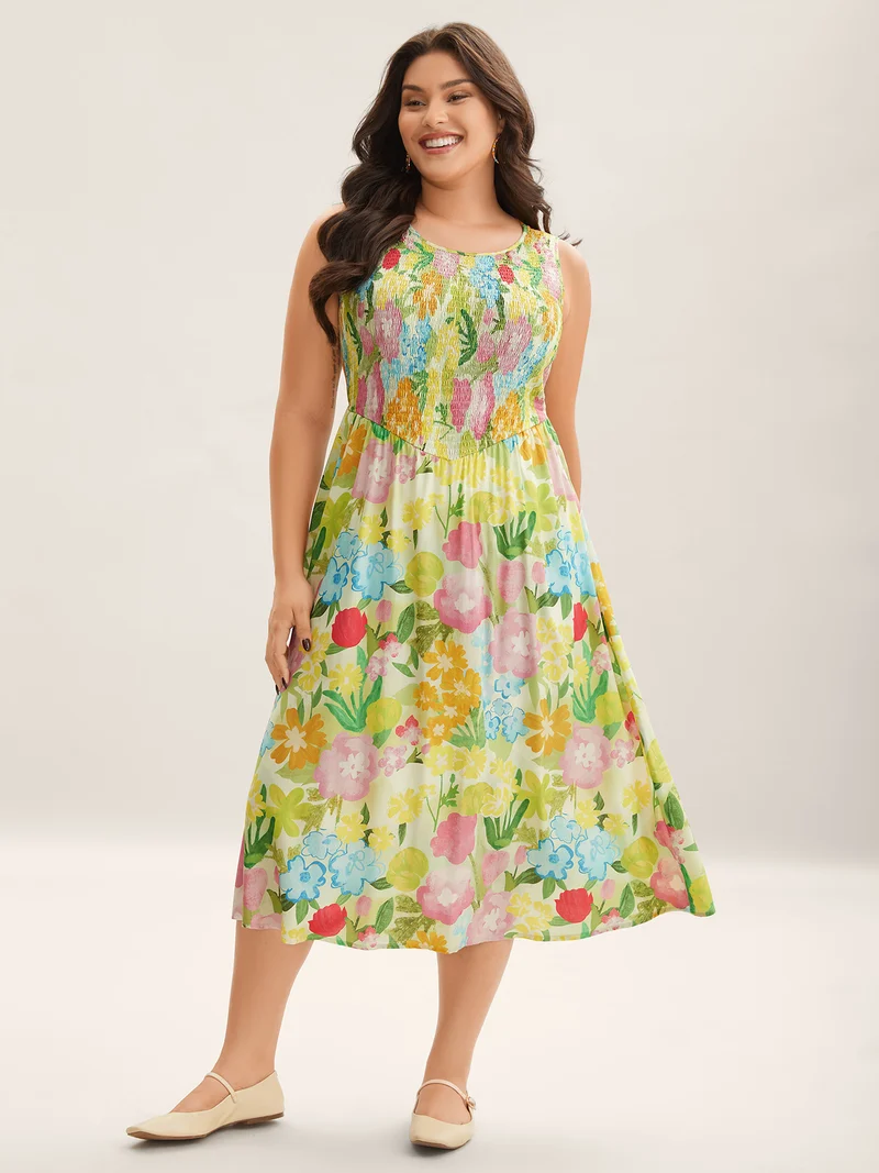 Neon Heartbeat Floral Shirred Midi Dress