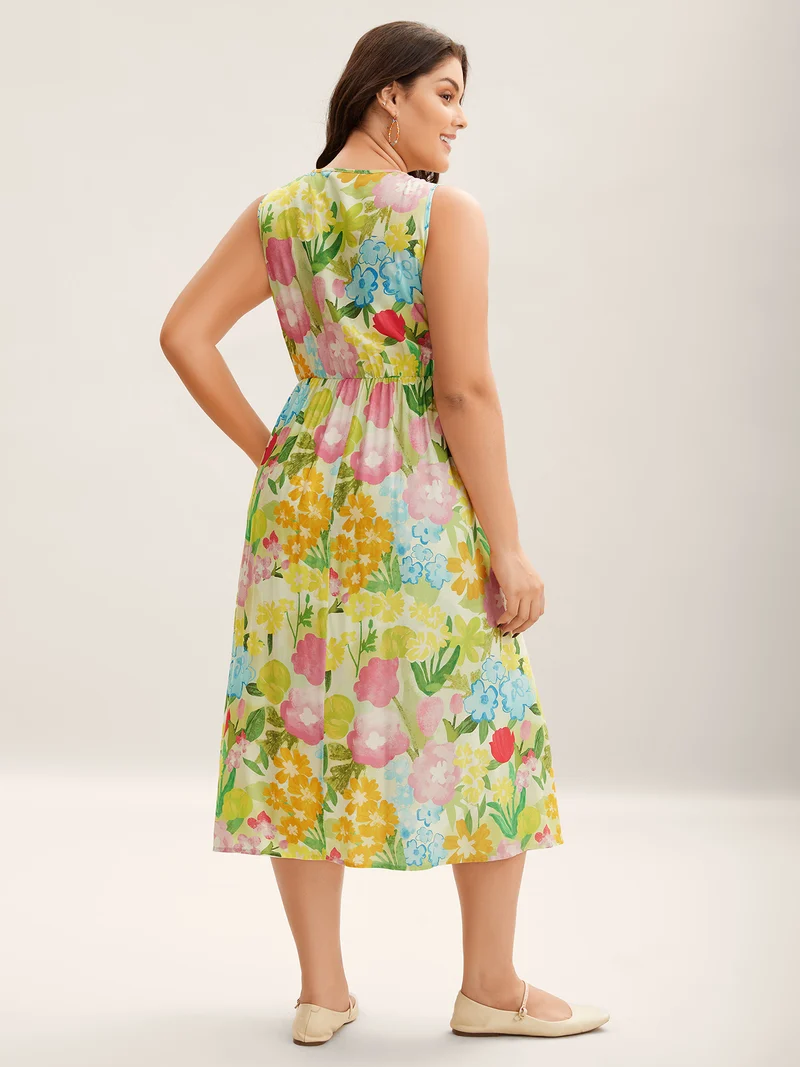 Neon Heartbeat Floral Shirred Midi Dress