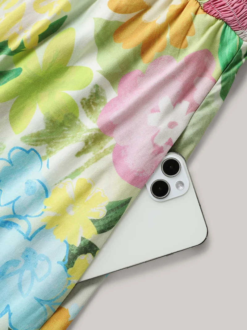 Neon Heartbeat Floral Shirred Midi Dress