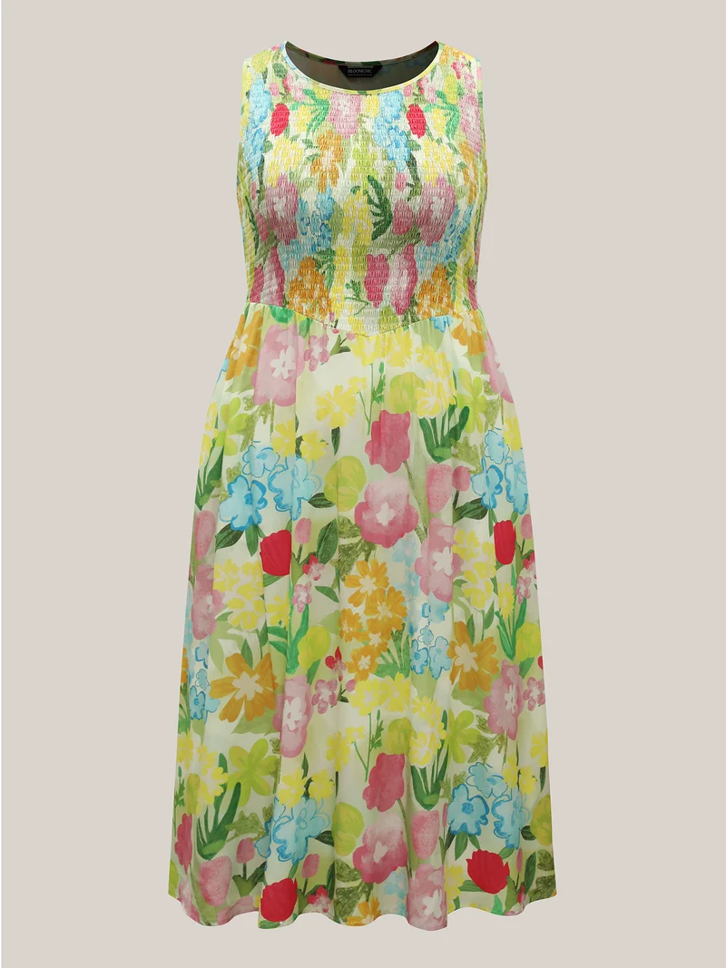 Neon Heartbeat Floral Shirred Midi Dress