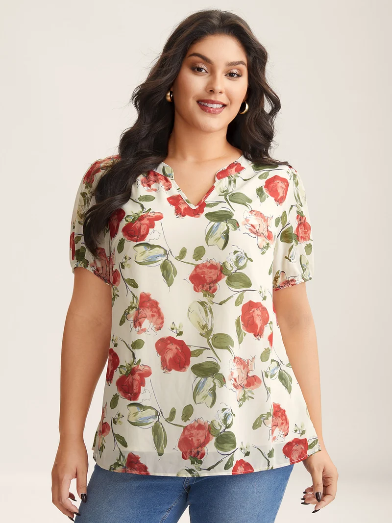 Rosy Print Sheer Notched Collar Blouse