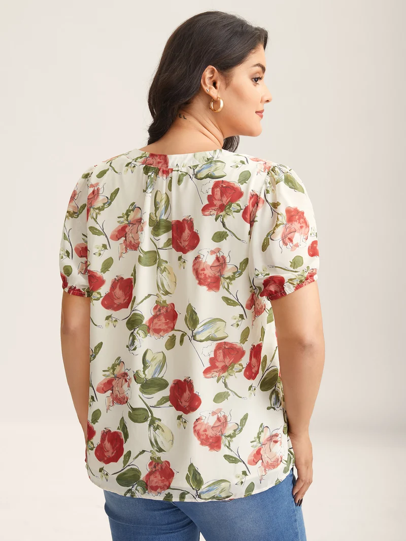 Rosy Print Sheer Notched Collar Blouse