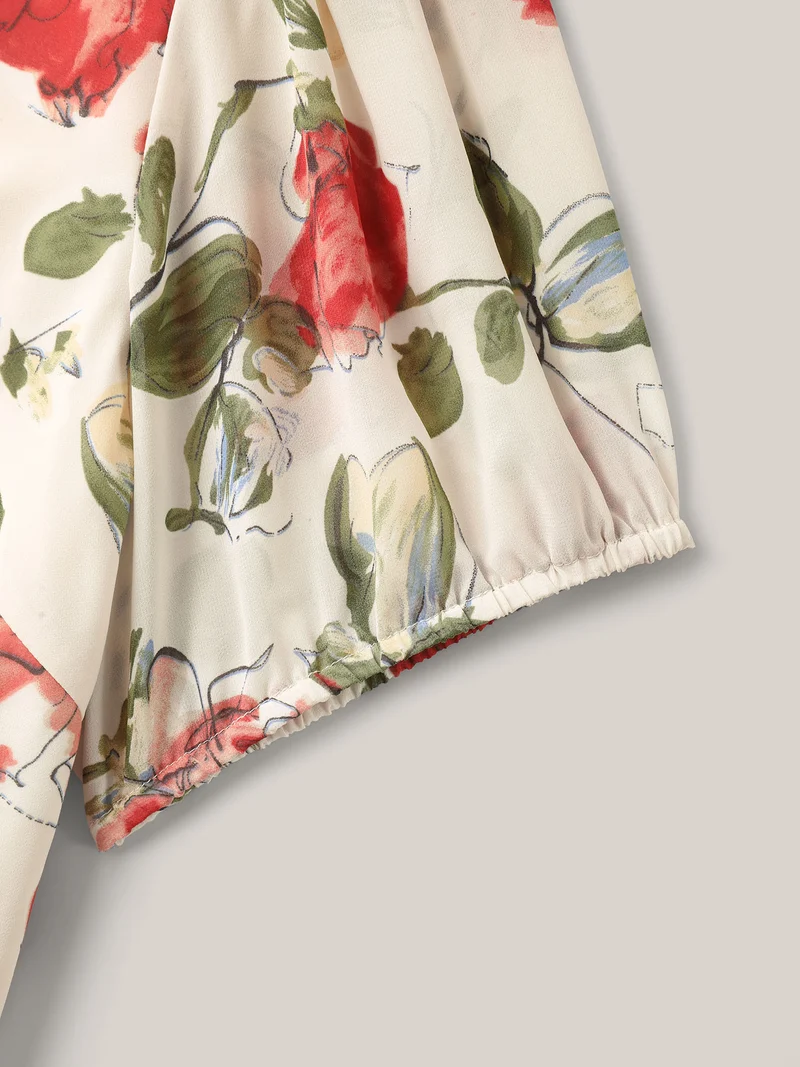 Rosy Print Sheer Notched Collar Blouse