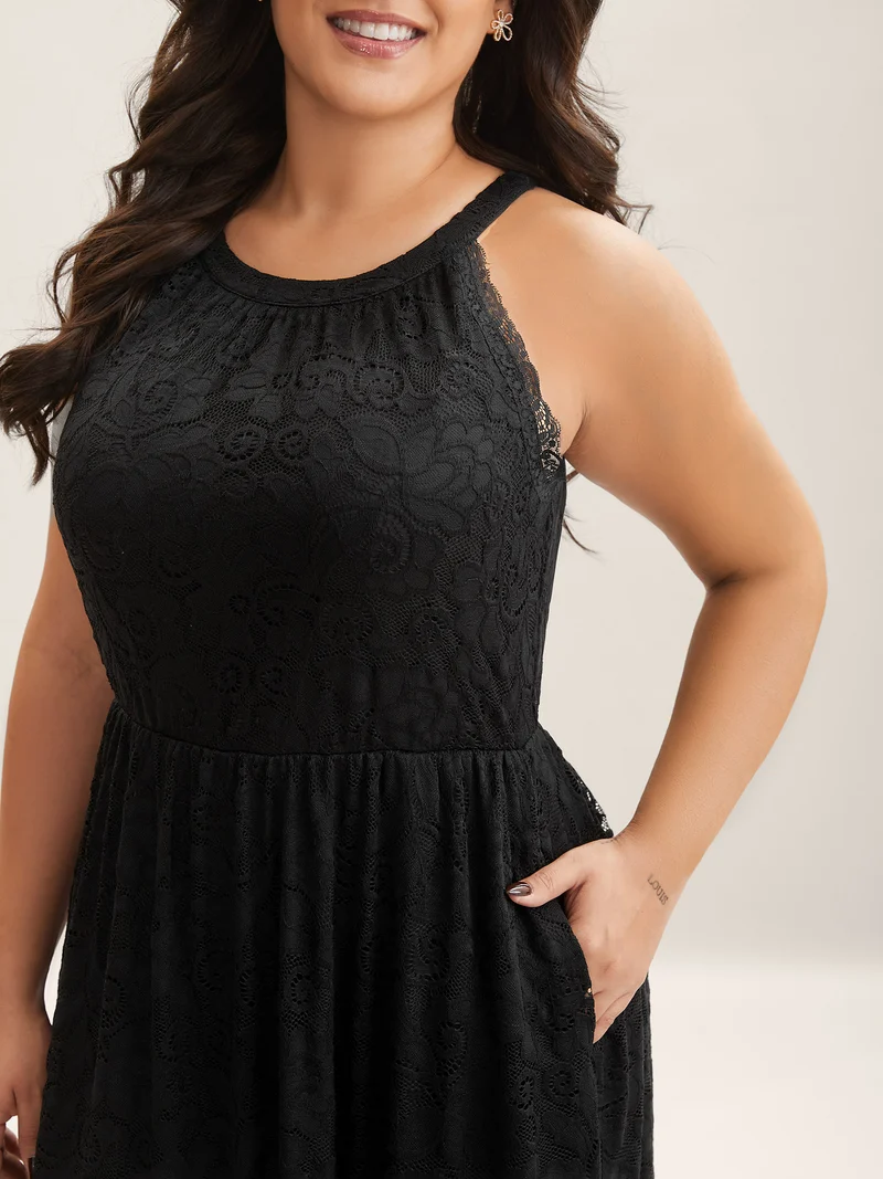 Textured Lace Sleeveless Pockets Midi Dress