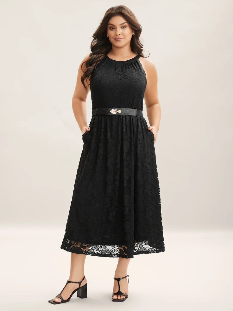 Textured Lace Sleeveless Pockets Midi Dress