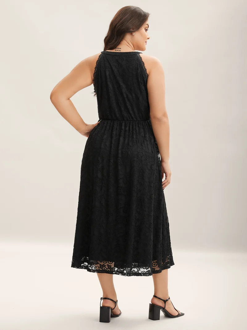 Textured Lace Sleeveless Pockets Midi Dress