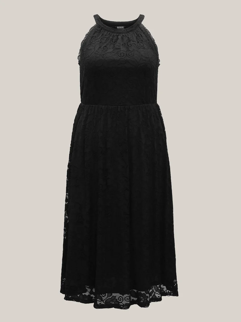 Textured Lace Sleeveless Pockets Midi Dress