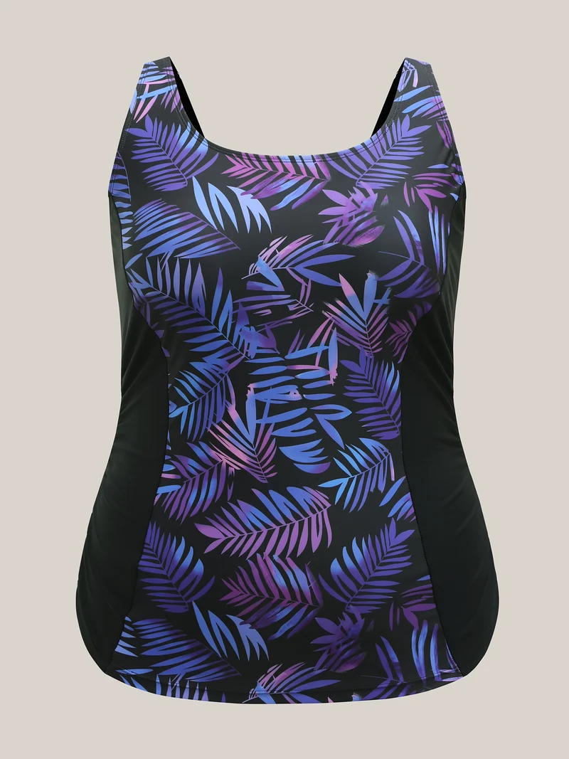 Tropical Floral Print Spliced Swim Top