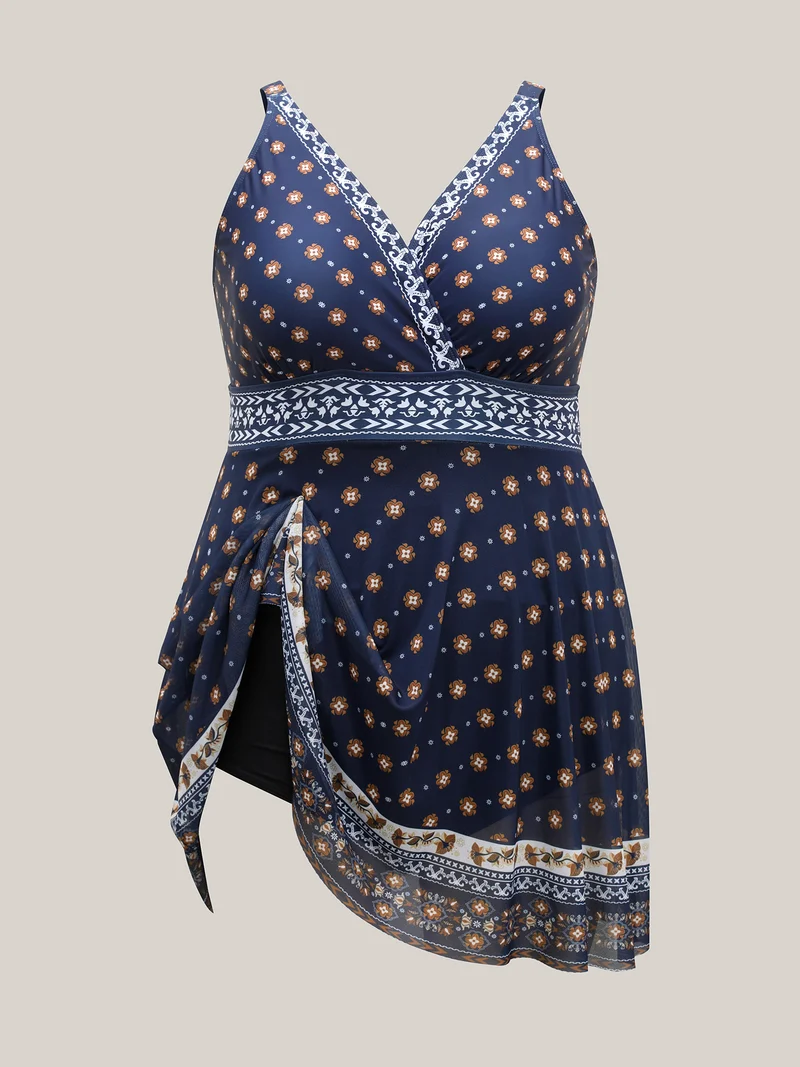 Sheer Boho Print Surplice Swim Dress