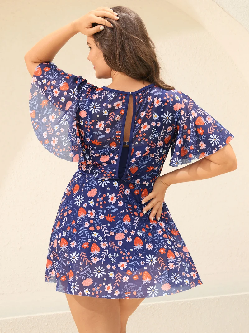 Floral Print Mesh Very Stretchy Swim Dress