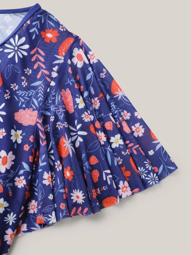 Floral Print Mesh Very Stretchy Swim Dress