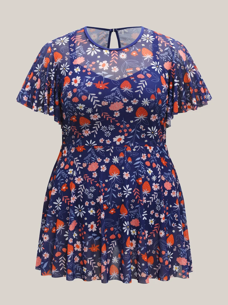 Floral Print Mesh Very Stretchy Swim Dress