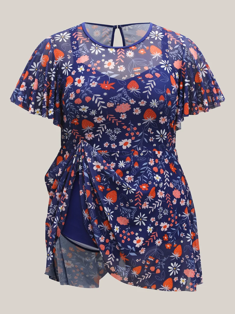 Floral Print Mesh Very Stretchy Swim Dress