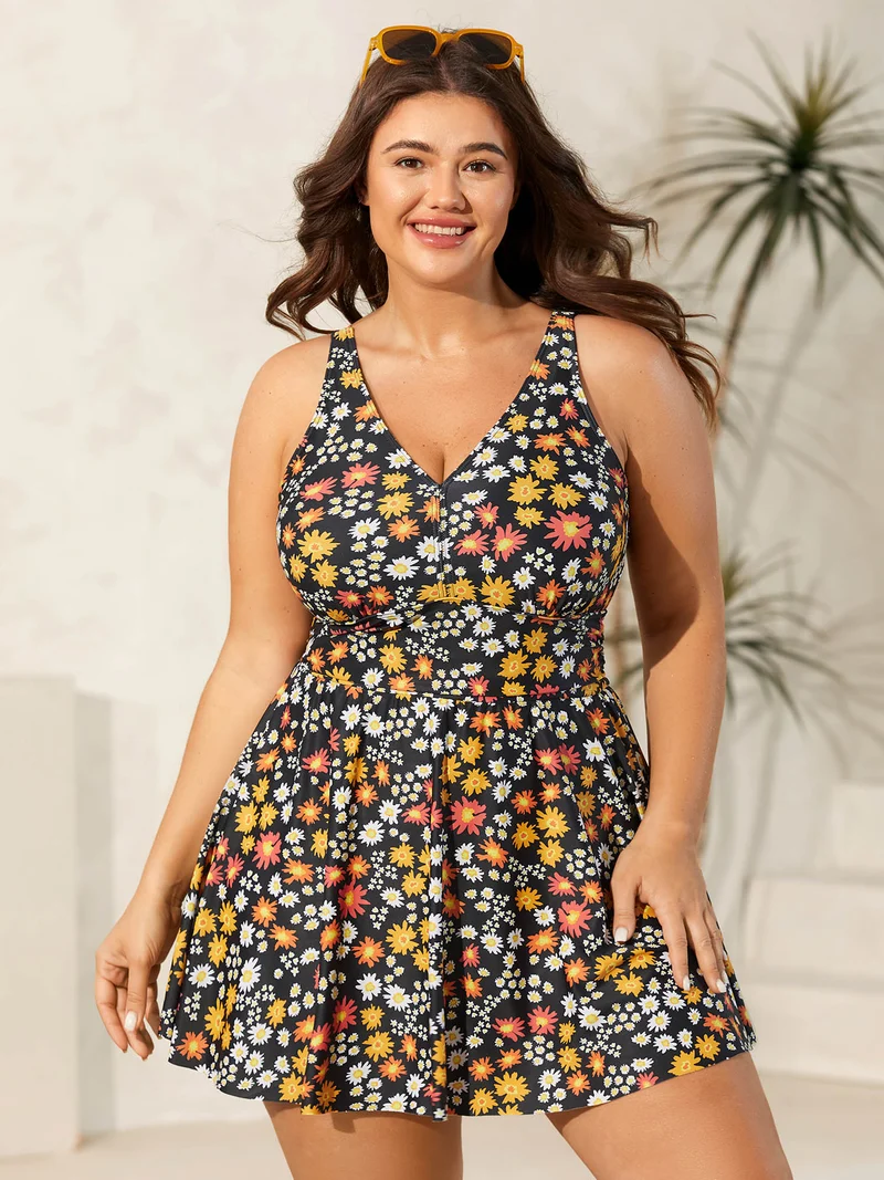 Anti-Float Ties Floral Print Swim Dress
