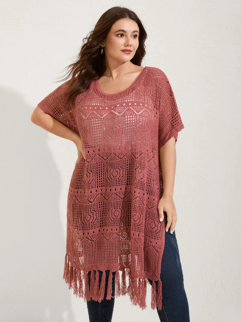 Crochet Slit Tassels Swim Cover-Up
