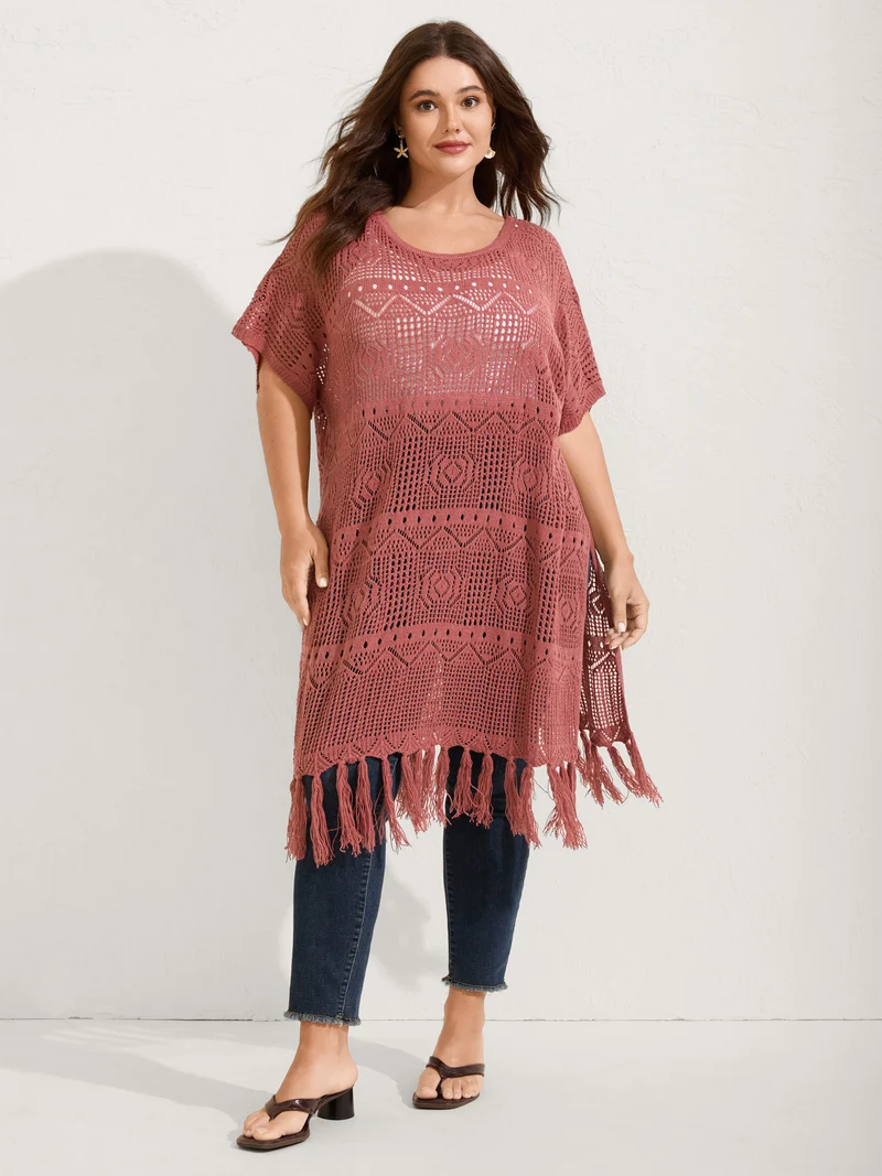 Crochet Slit Tassels Swim Cover-Up