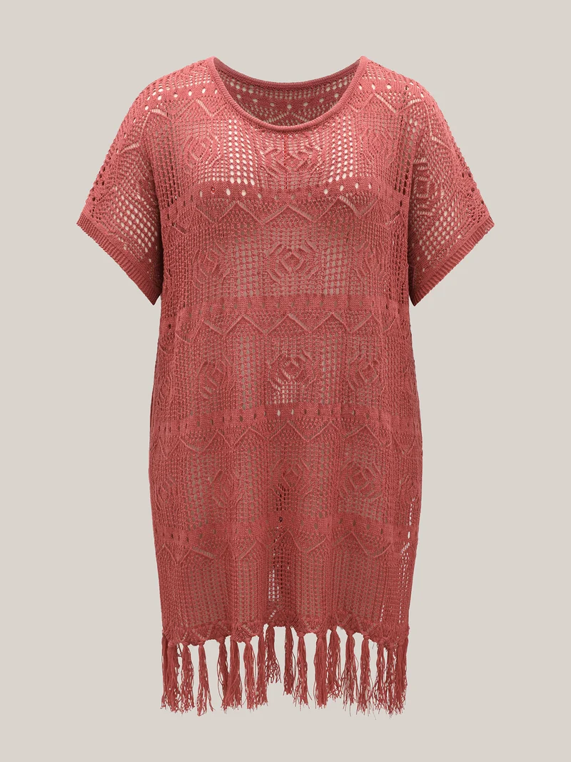 Crochet Slit Tassels Swim Cover-Up