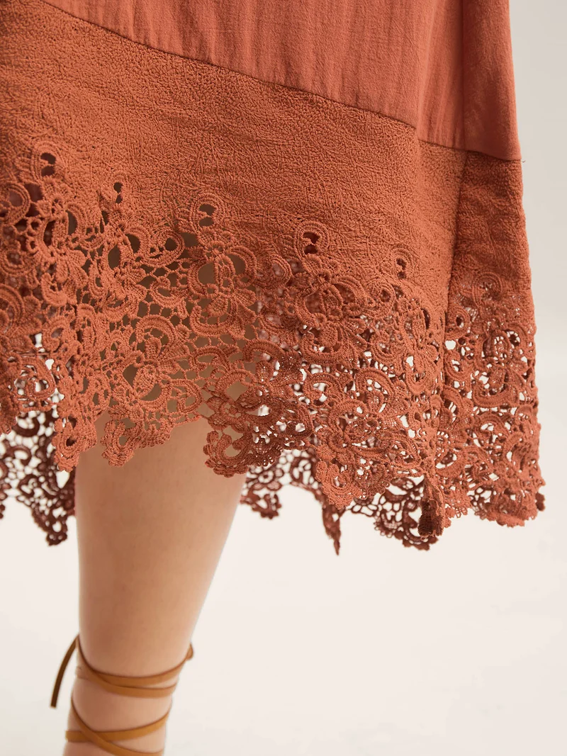 Cotton Lace Trim High Low Hem Midi Dress