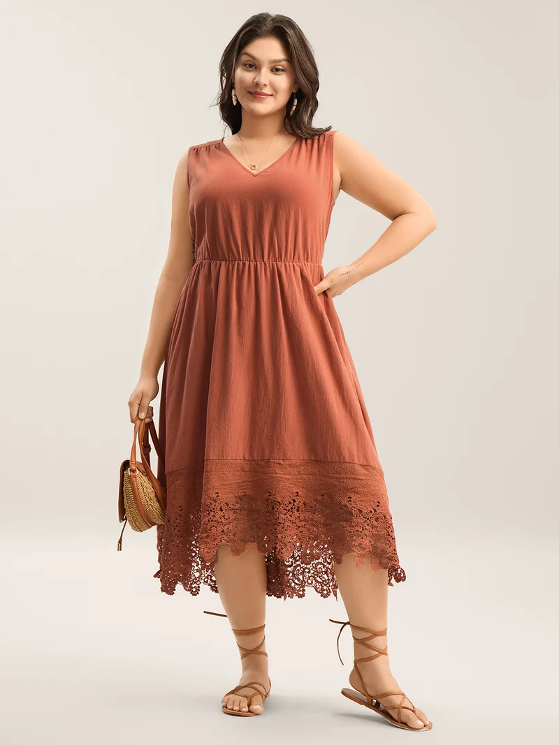 Cotton Lace Trim High Low Hem Midi Dress