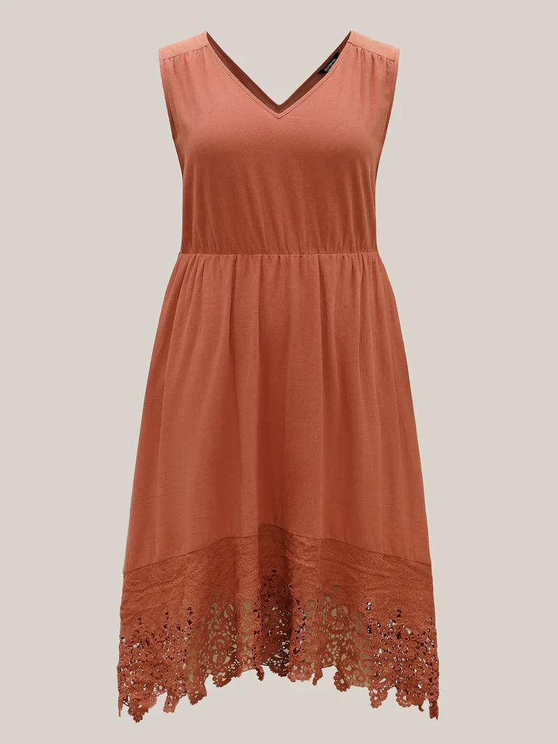 Cotton Lace Trim High Low Hem Midi Dress