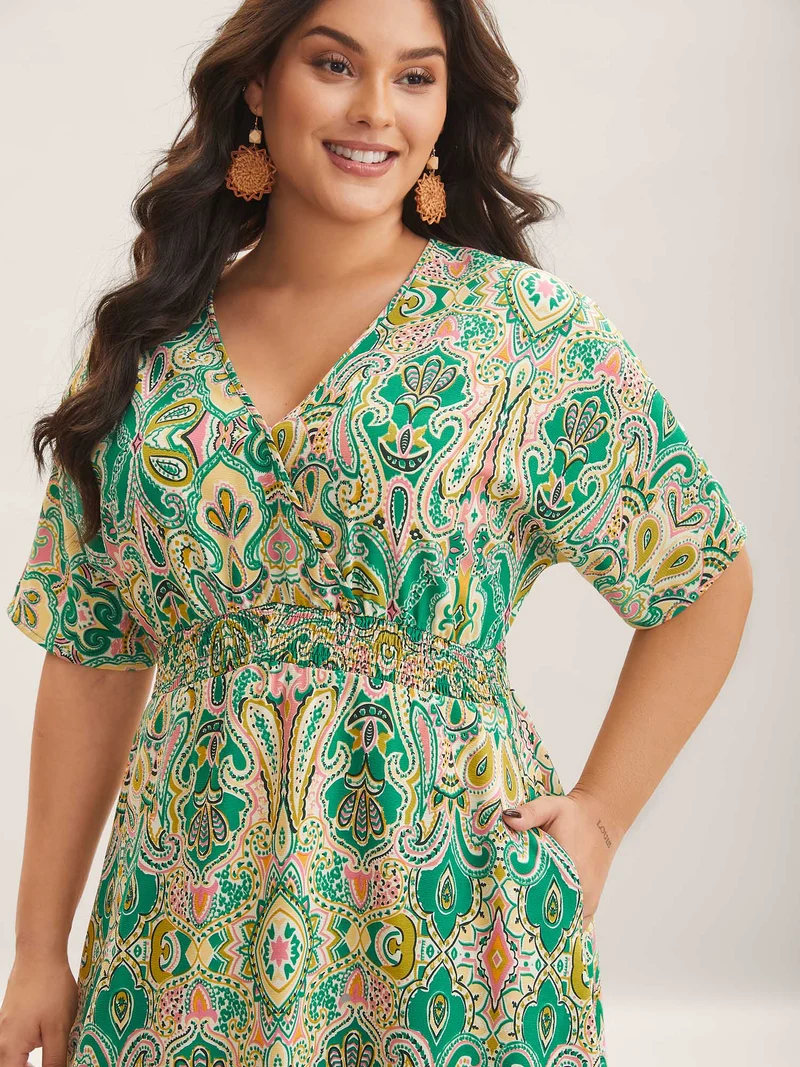 Paisley Print Shirred Pockets Midi Dress