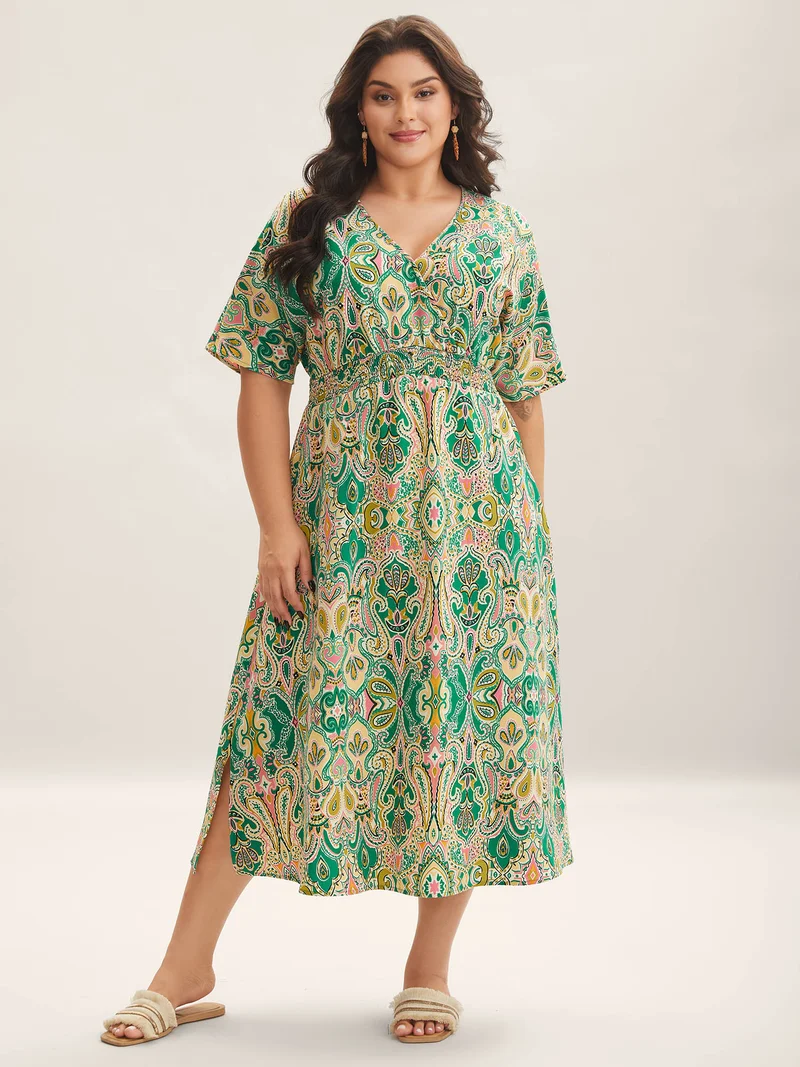 Paisley Print Shirred Pockets Midi Dress