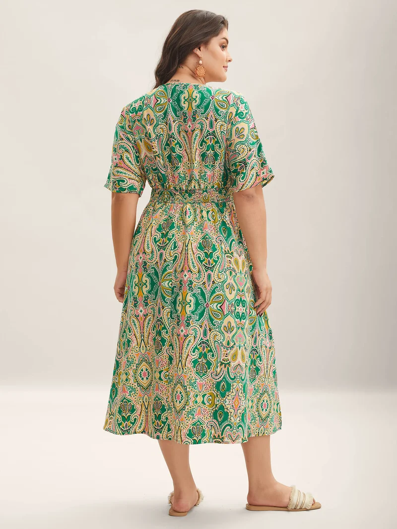 Paisley Print Shirred Pockets Midi Dress