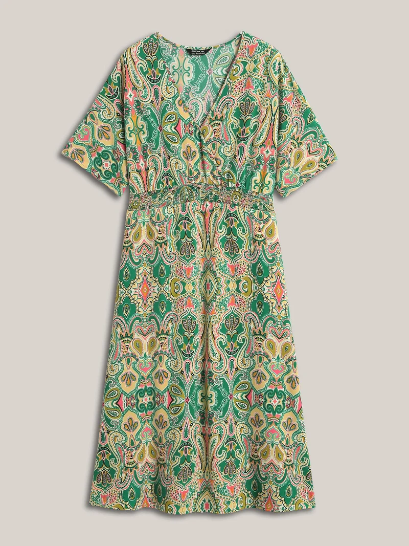 Paisley Print Shirred Pockets Midi Dress