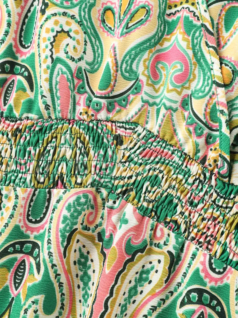 Paisley Print Shirred Pockets Midi Dress