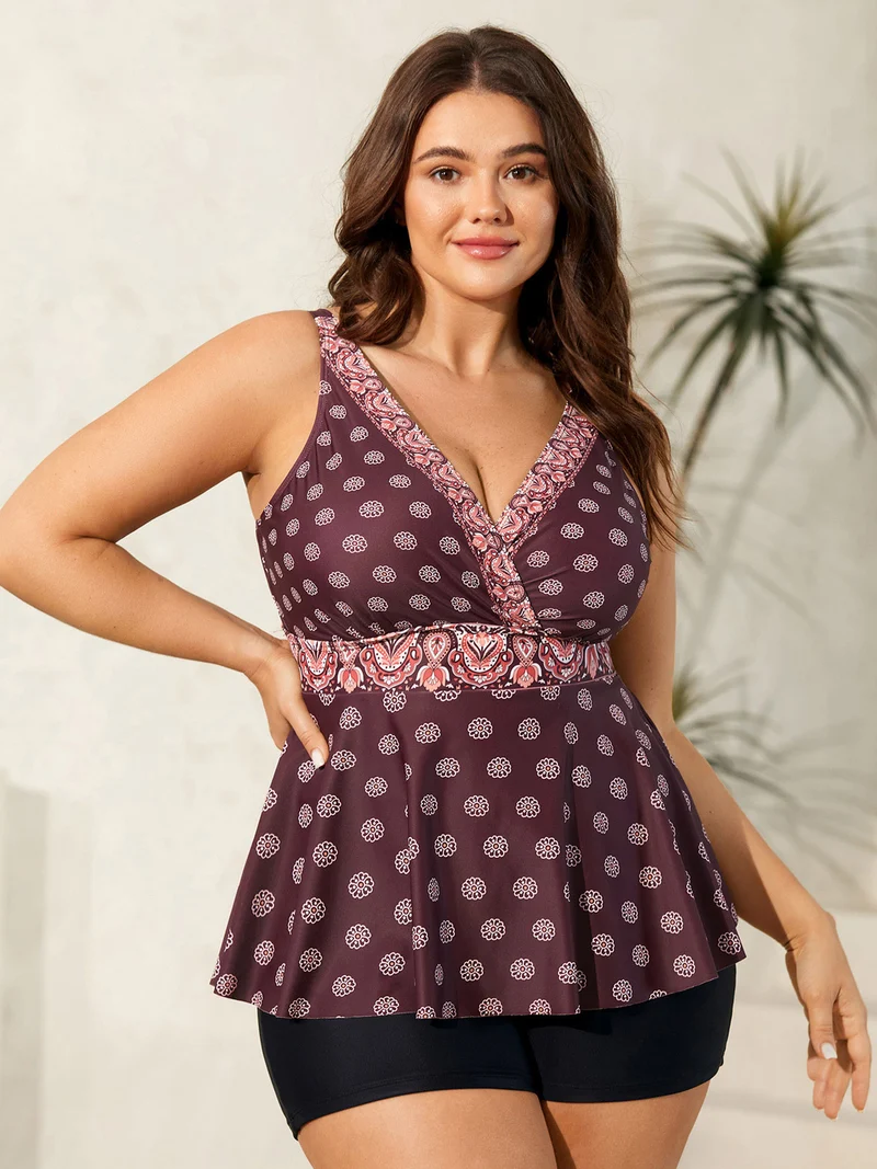 Boho Print Surplice Neck Swim Top