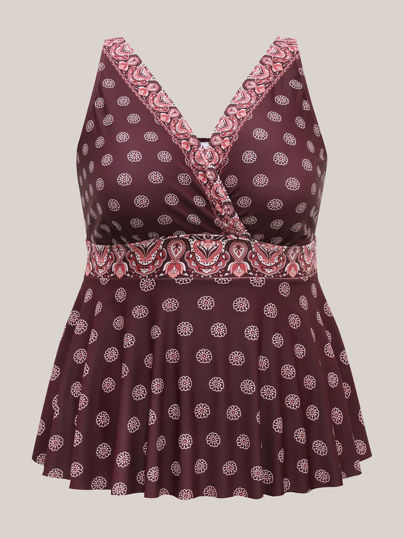Boho Print Surplice Neck Swim Top