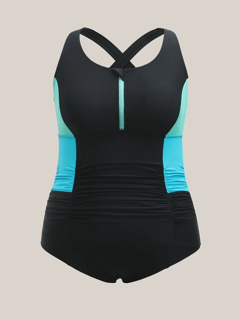 Color Block Zipper Front One-Piece Swimsuit