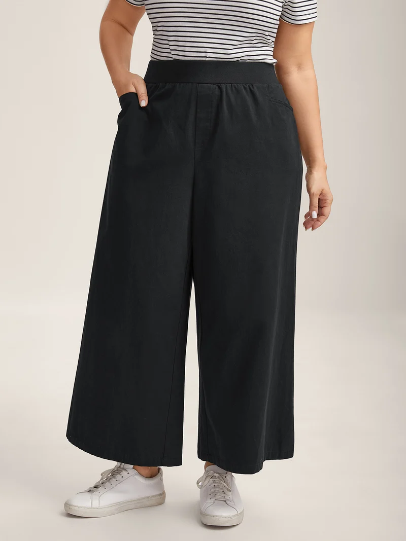 Cotton Threaded Spliced Wide-Leg Pants