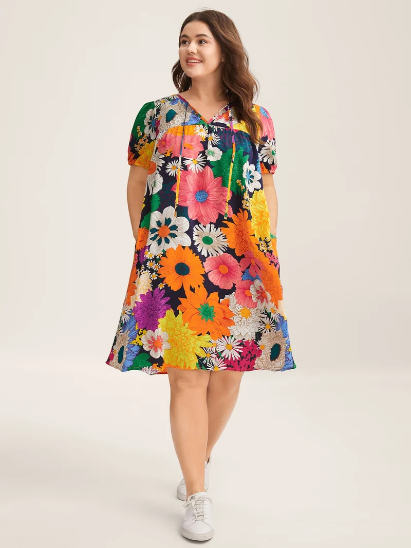 Large Floral Print Neck Tie Midi Dress