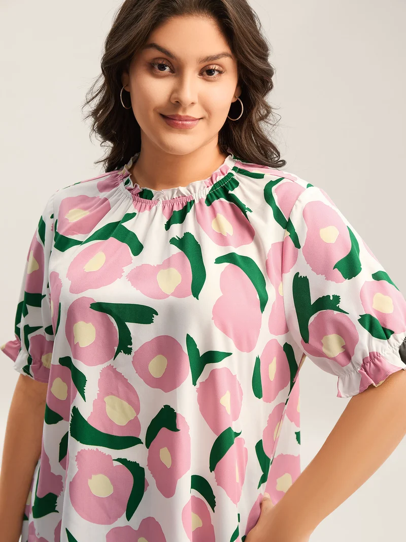 Floral Print Ruffled Neck Puffy Sleeve Blouse