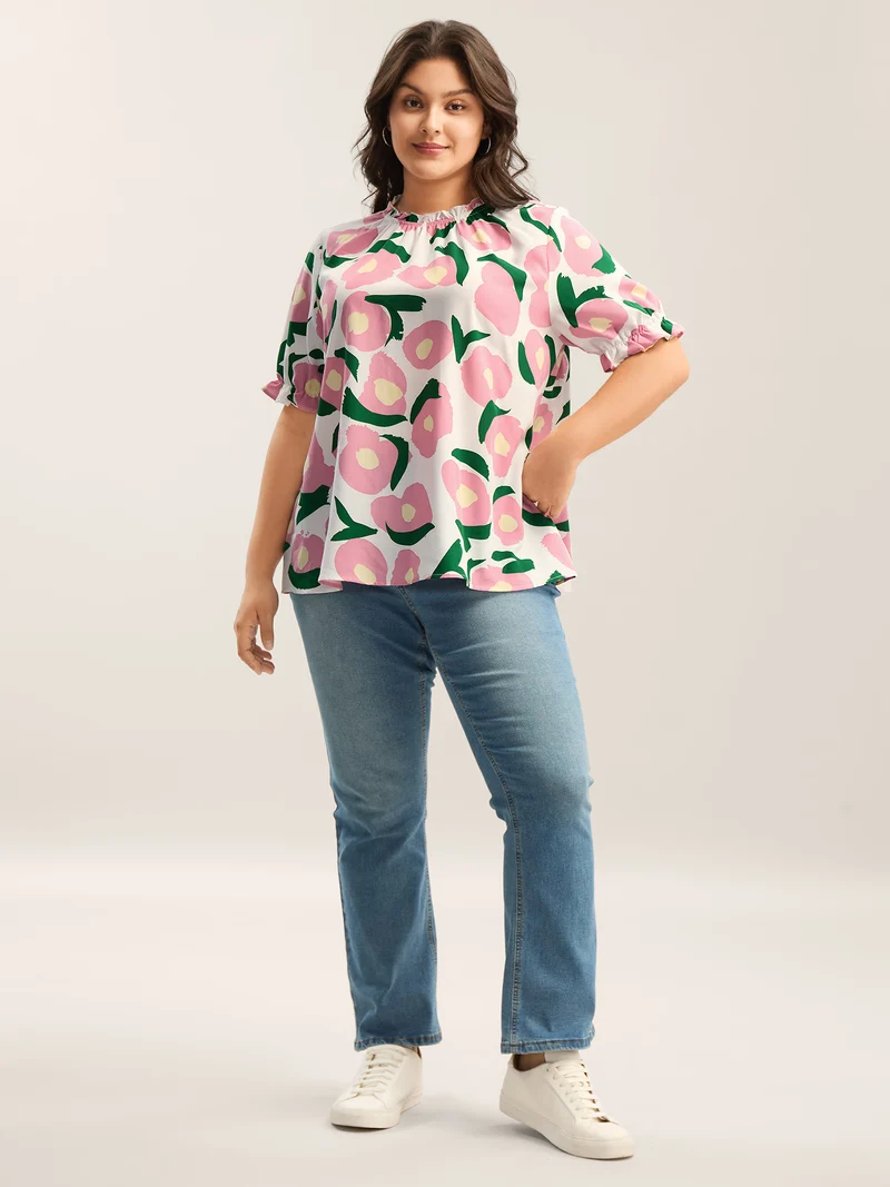 Floral Print Ruffled Neck Puffy Sleeve Blouse