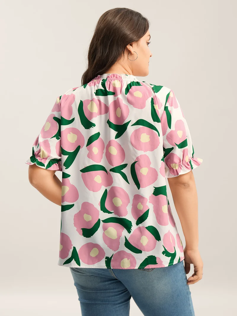 Floral Print Ruffled Neck Puffy Sleeve Blouse