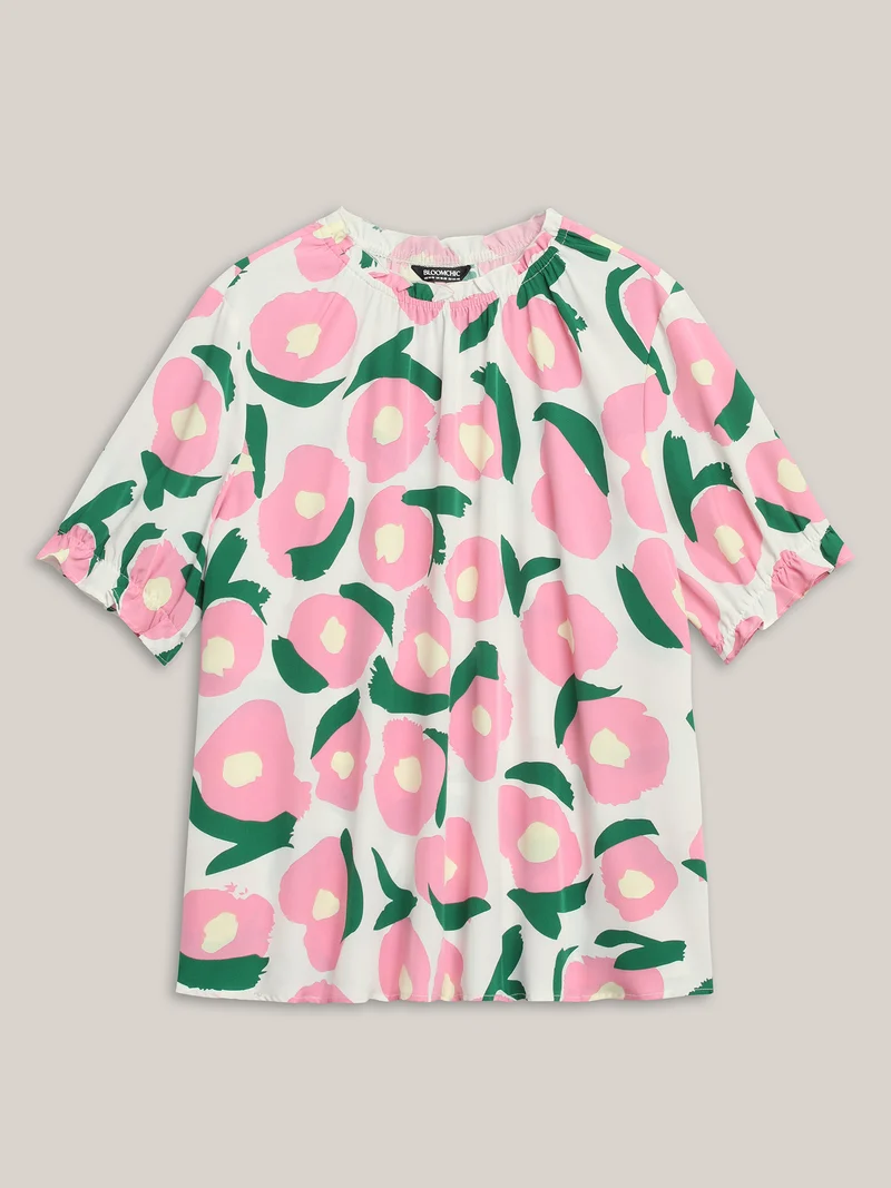 Floral Print Ruffled Neck Puffy Sleeve Blouse
