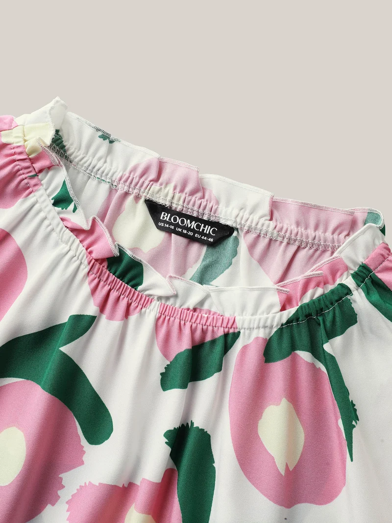 Floral Print Ruffled Neck Puffy Sleeve Blouse