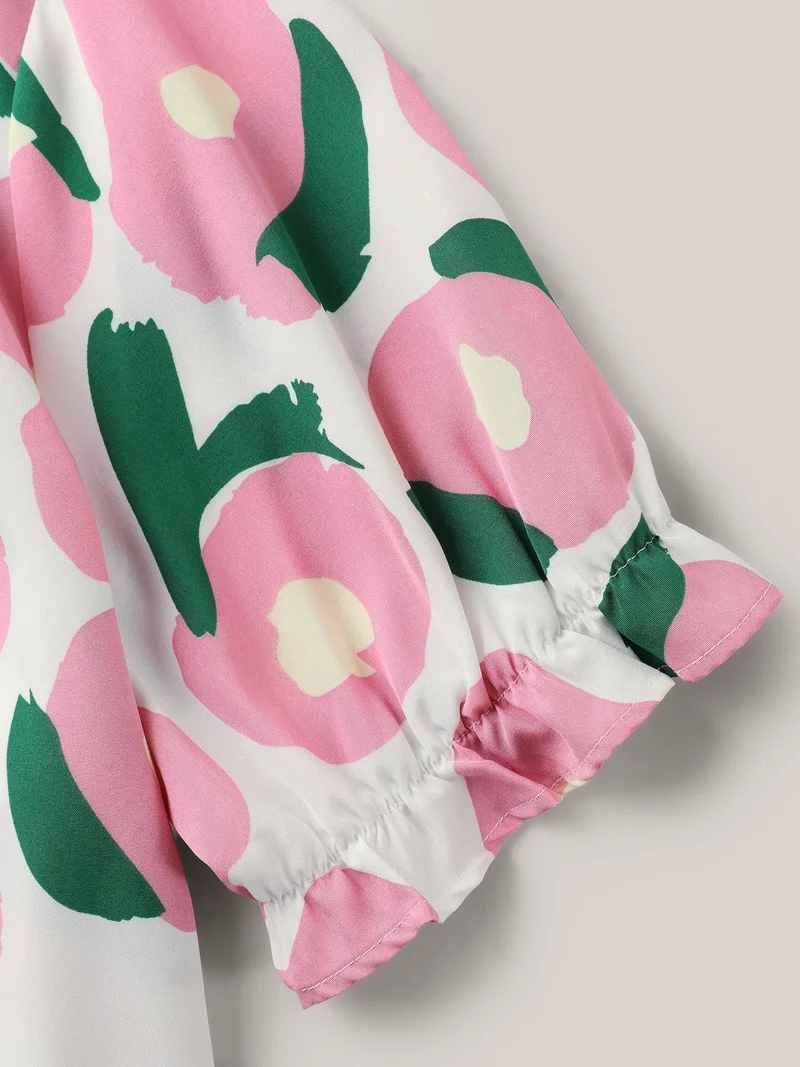 Floral Print Ruffled Neck Puffy Sleeve Blouse